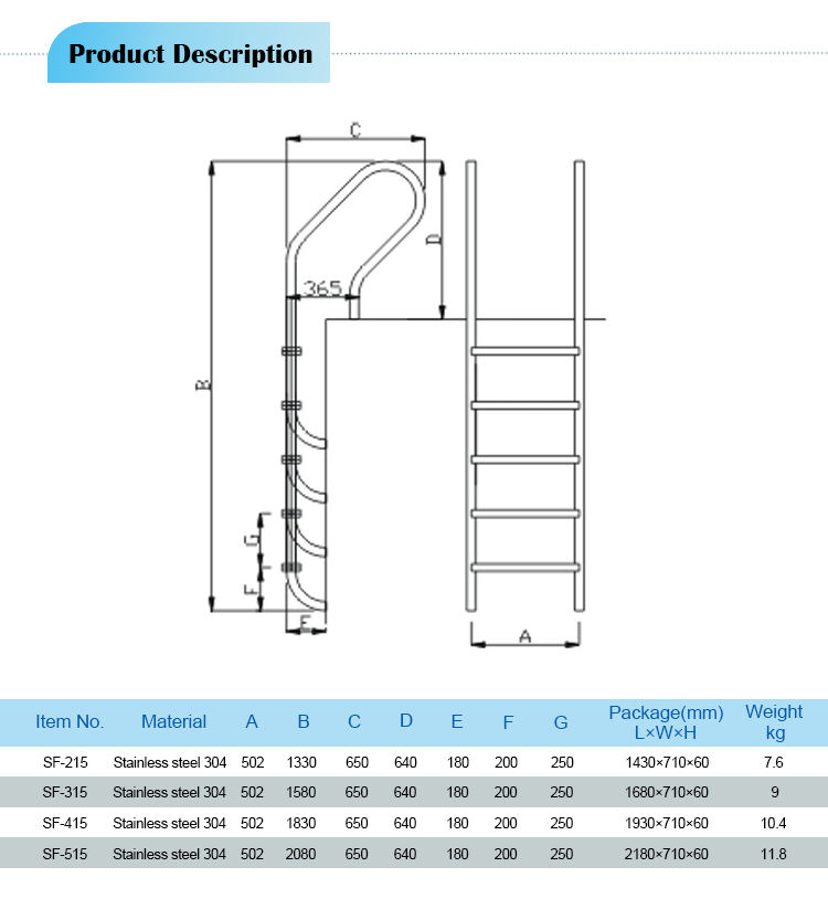 SF Swimming Pool 304 Stainless Steel 3 Step Ladder With Handle