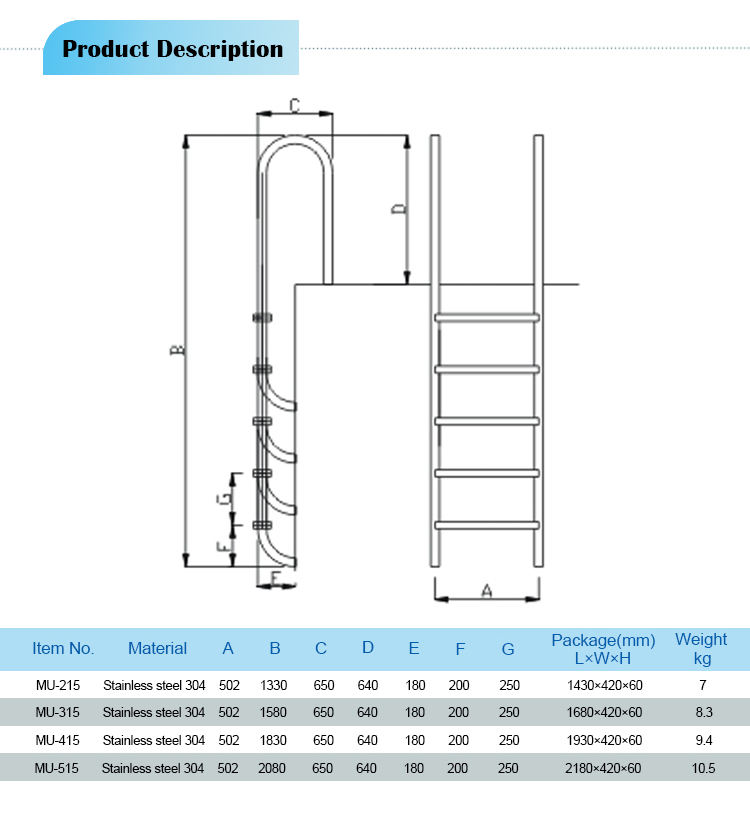 304/316 Stainless Steel 3 Steps Ladder Stainless Steel Ladder Rungs